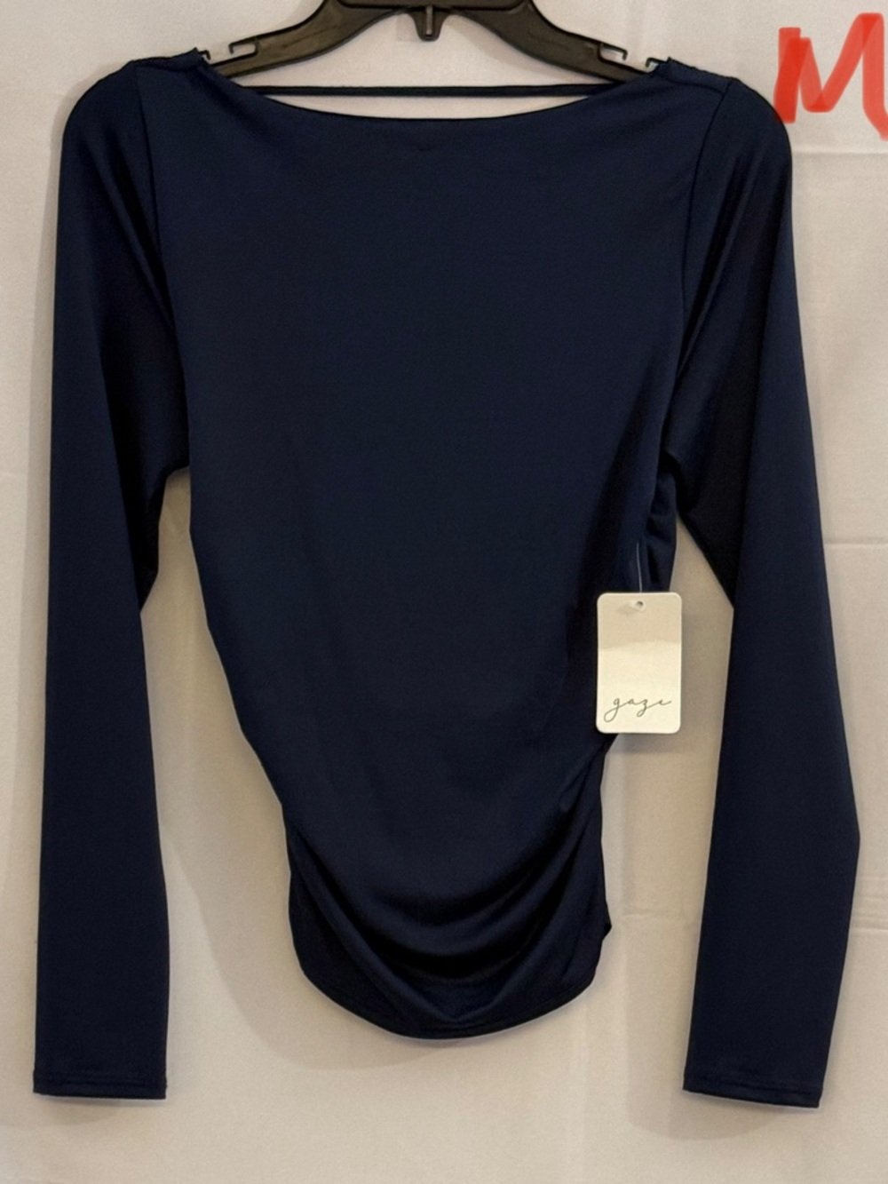 GAZE Navy Boatneck Long Sleeve Ruched Hem Top